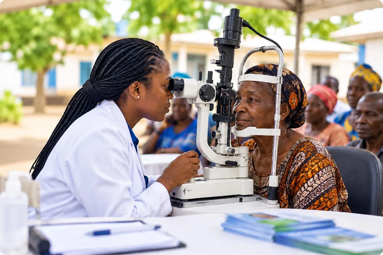 African medical team of doctors and healthcare professionals working together in a clinic setting
